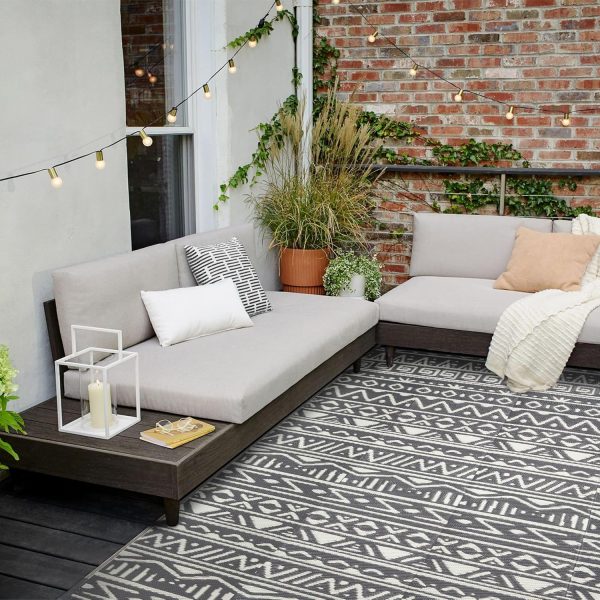 Outdoor Plastic Straw Rug Boho Waterproof Indoor Grey Outdoor Patio Rug 6x9 Carpet Geometric Reversible Mat Gray Washable Large Outside Area Rug for Camping RV Porch Deck Balcony Beach - Image 5