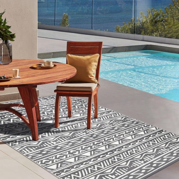 Outdoor Plastic Straw Rug Boho Waterproof Indoor Grey Outdoor Patio Rug 6x9 Carpet Geometric Reversible Mat Gray Washable Large Outside Area Rug for Camping RV Porch Deck Balcony Beach - Image 7