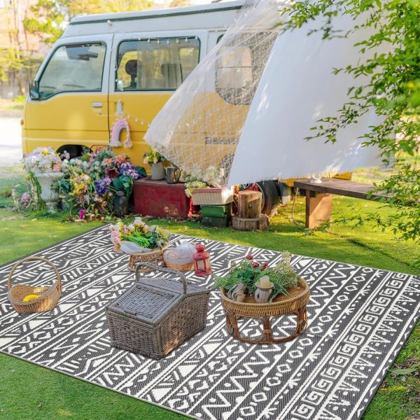 Outdoor Plastic Straw Rug Boho Waterproof Indoor Grey Outdoor Patio Rug 6x9 Carpet Geometric Reversible Mat Gray Washable Large Outside Area Rug for Camping RV Porch Deck Balcony Beach - Image 9