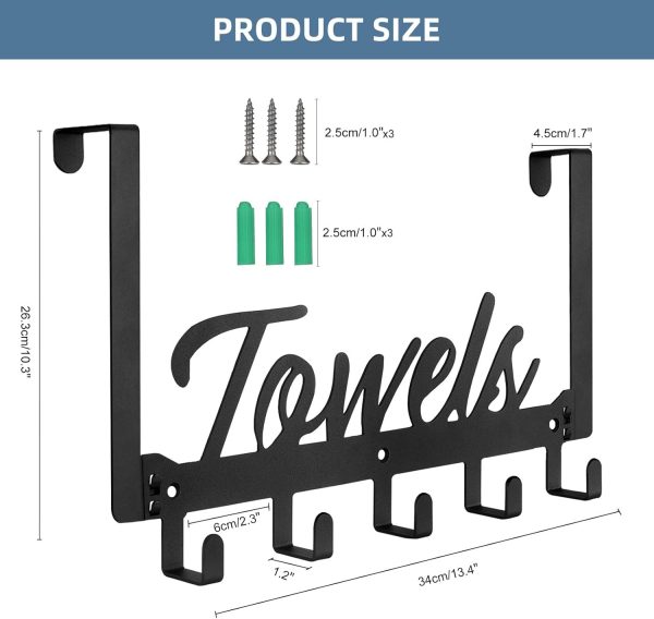 Over The Door Hooks, Towel Rack Towel Hooks for Bathroom, Towel Holder for Hanging Heavy Duty, Towel Hanger Over Door Hanger with 5 Coat Hooks for Bedroom Bathroom Kitchen - Image 2