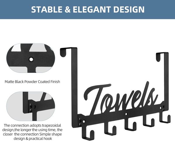 Over The Door Hooks, Towel Rack Towel Hooks for Bathroom, Towel Holder for Hanging Heavy Duty, Towel Hanger Over Door Hanger with 5 Coat Hooks for Bedroom Bathroom Kitchen - Image 3