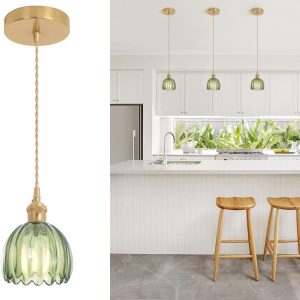 Pendant Light with Green Tulip Glass Lmapshade, Brass Vintage Pendant Light Adjustable Hanging Light for Kitchen Island Dining Room Hallway