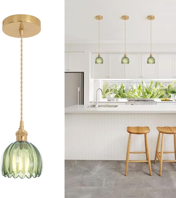 Pendant Light with Green Tulip Glass Lmapshade, Brass Vintage Pendant Light Adjustable Hanging Light for Kitchen Island Dining Room Hallway
