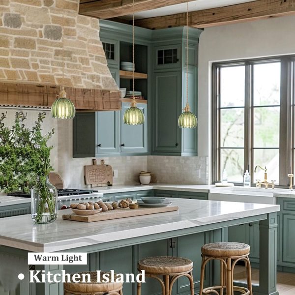 Pendant Light with Green Tulip Glass Lmapshade, Brass Vintage Pendant Light Adjustable Hanging Light for Kitchen Island Dining Room Hallway - Image 2