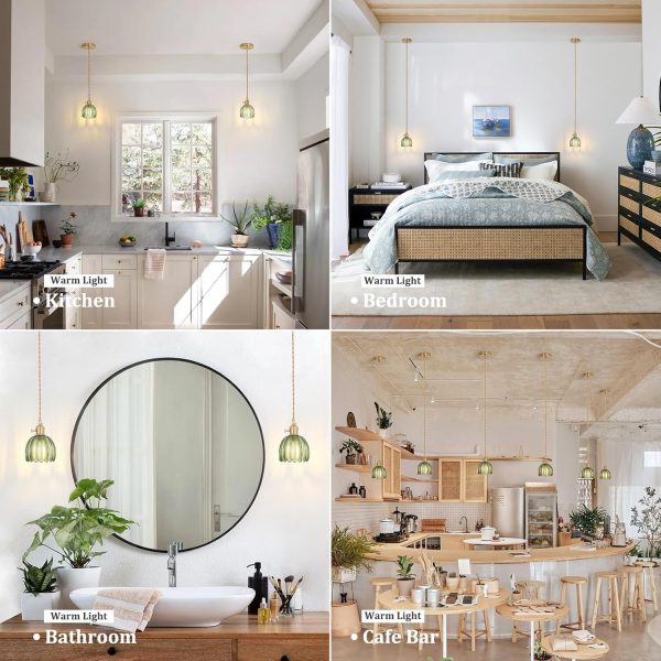 Pendant Light with Green Tulip Glass Lmapshade, Brass Vintage Pendant Light Adjustable Hanging Light for Kitchen Island Dining Room Hallway - Image 3