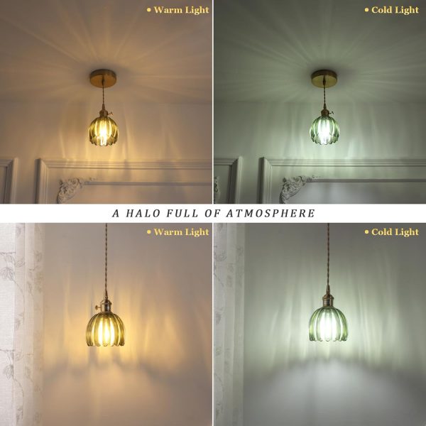 Pendant Light with Green Tulip Glass Lmapshade, Brass Vintage Pendant Light Adjustable Hanging Light for Kitchen Island Dining Room Hallway - Image 4