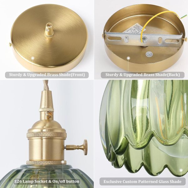 Pendant Light with Green Tulip Glass Lmapshade, Brass Vintage Pendant Light Adjustable Hanging Light for Kitchen Island Dining Room Hallway - Image 5