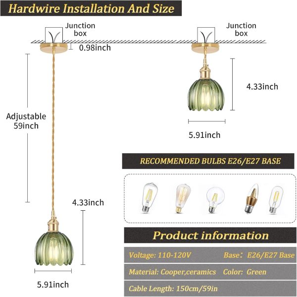 Pendant Light with Green Tulip Glass Lmapshade, Brass Vintage Pendant Light Adjustable Hanging Light for Kitchen Island Dining Room Hallway - Image 6