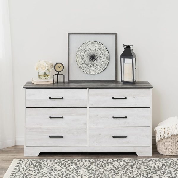 Prepac Rustic Ridge Farmhouse 6-Drawer Chest of Drawers for Bedroom, Wooden Bedroom Drawer Dresser with 6 Storage Drawers, 18.25in x 53.25in x 28.5in, Washed White, ADBR-1606-1 - Image 2