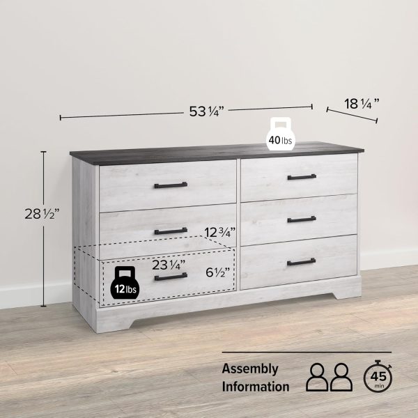 Prepac Rustic Ridge Farmhouse 6-Drawer Chest of Drawers for Bedroom, Wooden Bedroom Drawer Dresser with 6 Storage Drawers, 18.25in x 53.25in x 28.5in, Washed White, ADBR-1606-1 - Image 3