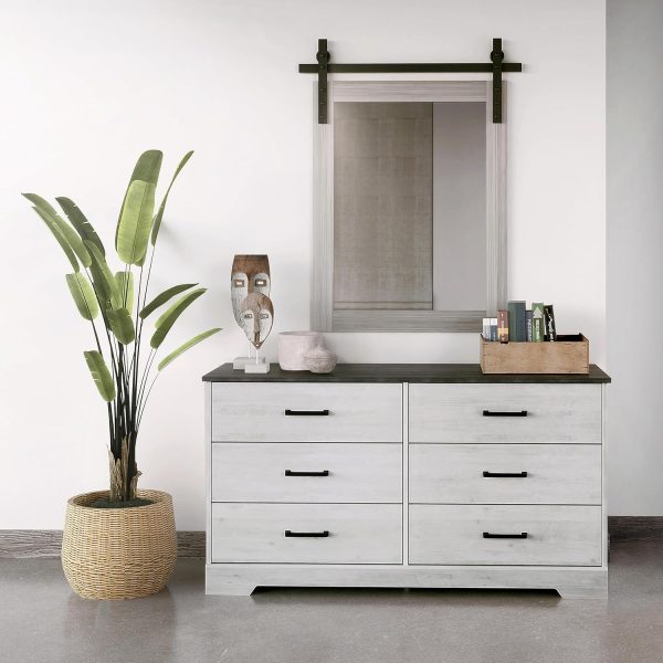 Prepac Rustic Ridge Farmhouse 6-Drawer Chest of Drawers for Bedroom, Wooden Bedroom Drawer Dresser with 6 Storage Drawers, 18.25in x 53.25in x 28.5in, Washed White, ADBR-1606-1 - Image 8