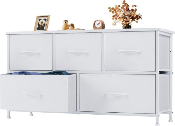 Sweetcrispy Dresser for Bedroom, Drawer Dresser Organizer Storage with 5 Drawers Short Dresser, Chest of Drawers with Fabric Bin, Steel Frame, Wood Top for Bedroom, Entryway
