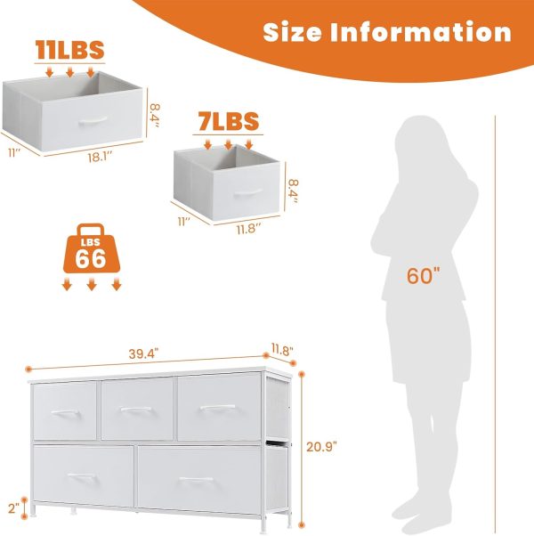 Sweetcrispy Dresser for Bedroom, Drawer Dresser Organizer Storage with 5 Drawers Short Dresser, Chest of Drawers with Fabric Bin, Steel Frame, Wood Top for Bedroom, Entryway - Image 3