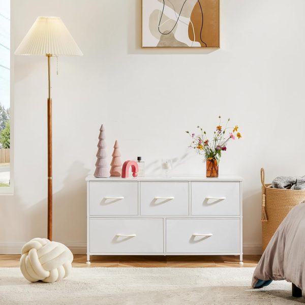Sweetcrispy Dresser for Bedroom, Drawer Dresser Organizer Storage with 5 Drawers Short Dresser, Chest of Drawers with Fabric Bin, Steel Frame, Wood Top for Bedroom, Entryway - Image 7
