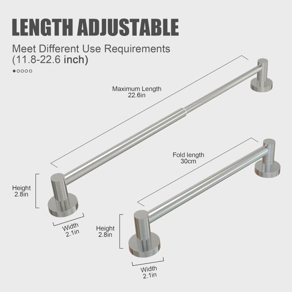 Towel Bar - Adjustable 304 Stainless Steel Towel Holder for Bathroom (11.8inch-22.6inch) Sturdy and Rustproof Wall Mounted Towel Rack for Bathroom Accessories, Silver… - Image 3