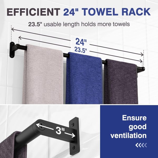 Towel Rack for Bathroom - 24" Rustproof Towel Holder, Sturdy Towel Bar Wall Mounted, Space-Saving Towel Hanger, Bathroom Accessories, Home Decor, Apparment Essentials, Black - Image 3