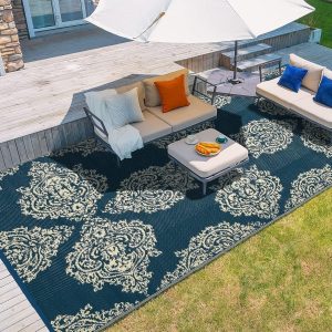 wikiwiki Outdoor Rug, 5x8ft Waterproof Reversible Mat Indoor Outdoor Rugs Carpet, Small Area Rug Plastic Straw Rug for Patio Deck Balcony Pool RV Camping Beach Picnic, Blue & Beige