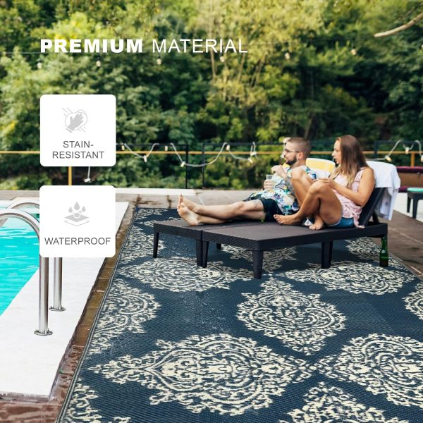 wikiwiki Outdoor Rug, 5x8ft Waterproof Reversible Mat Indoor Outdoor Rugs Carpet, Small Area Rug Plastic Straw Rug for Patio Deck Balcony Pool RV Camping Beach Picnic, Blue & Beige - Image 3