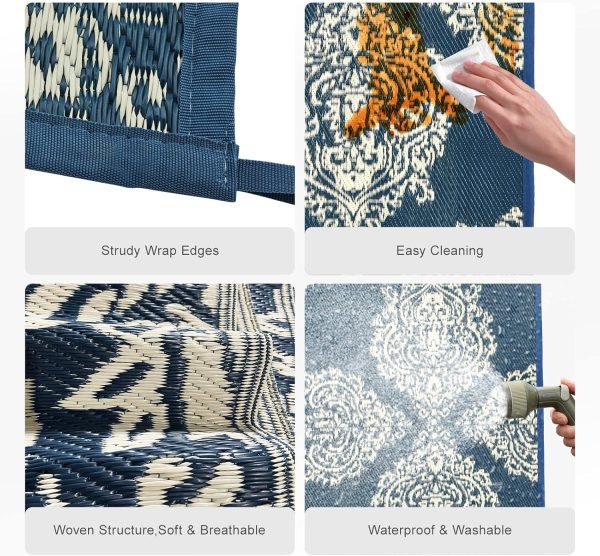 wikiwiki Outdoor Rug, 5x8ft Waterproof Reversible Mat Indoor Outdoor Rugs Carpet, Small Area Rug Plastic Straw Rug for Patio Deck Balcony Pool RV Camping Beach Picnic, Blue & Beige - Image 4