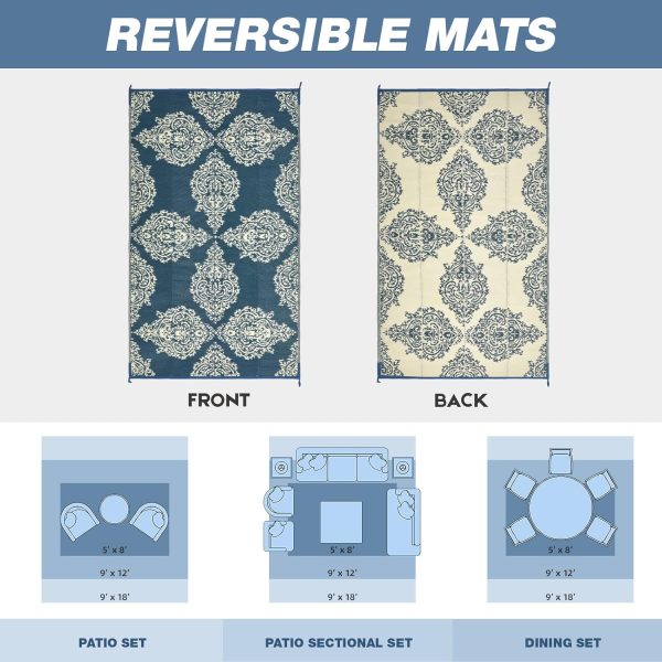 wikiwiki Outdoor Rug, 5x8ft Waterproof Reversible Mat Indoor Outdoor Rugs Carpet, Small Area Rug Plastic Straw Rug for Patio Deck Balcony Pool RV Camping Beach Picnic, Blue & Beige - Image 5