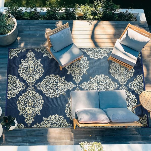 wikiwiki Outdoor Rug, 5x8ft Waterproof Reversible Mat Indoor Outdoor Rugs Carpet, Small Area Rug Plastic Straw Rug for Patio Deck Balcony Pool RV Camping Beach Picnic, Blue & Beige - Image 8