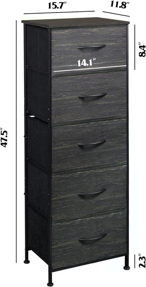 WLIVE Fabric Dresser, 5-Drawer Tall Dresser for Bedroom, Storage Dresser Organizer with Fabric Bins, Wood Top, Sturdy Steel Frame, Chest of Drawers for Closet, Hallway, Charcoal Black Wood Grain Print - Image 4